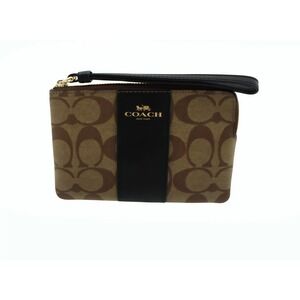 Coach Signature Canvas Striped Wristlet Pouch Cosmetic Bag Brown Black Gold